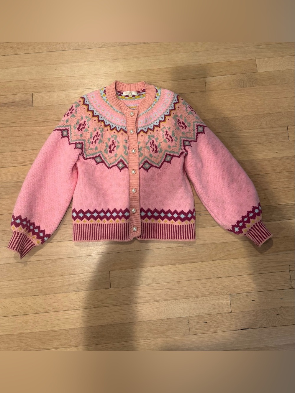 LoveShackFancy Pink Fair Isle Pearl-Button Cardigan